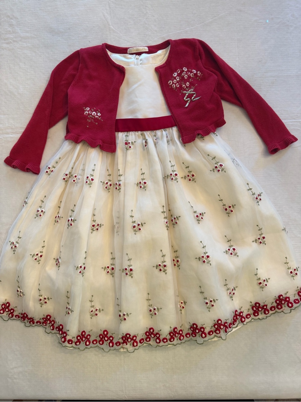 Cinderella White and Red Embroidered Party Dress with Red Cardigan
